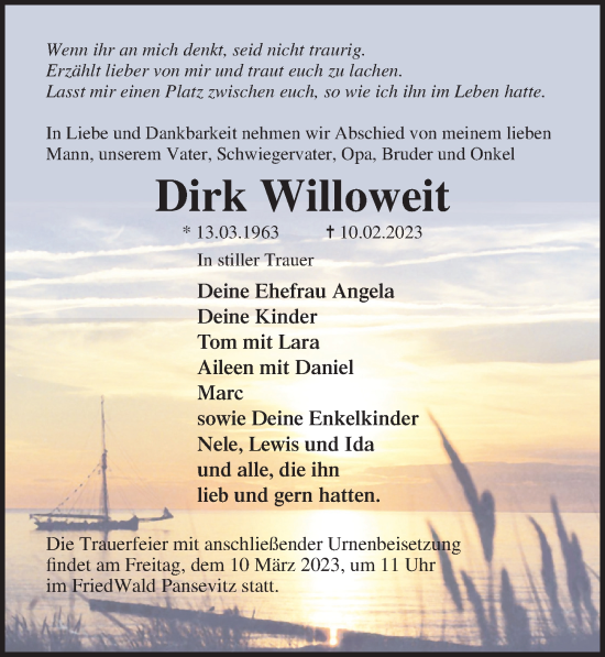Traueranzeige von Dirk Willoweit von Ostsee-Zeitung GmbH