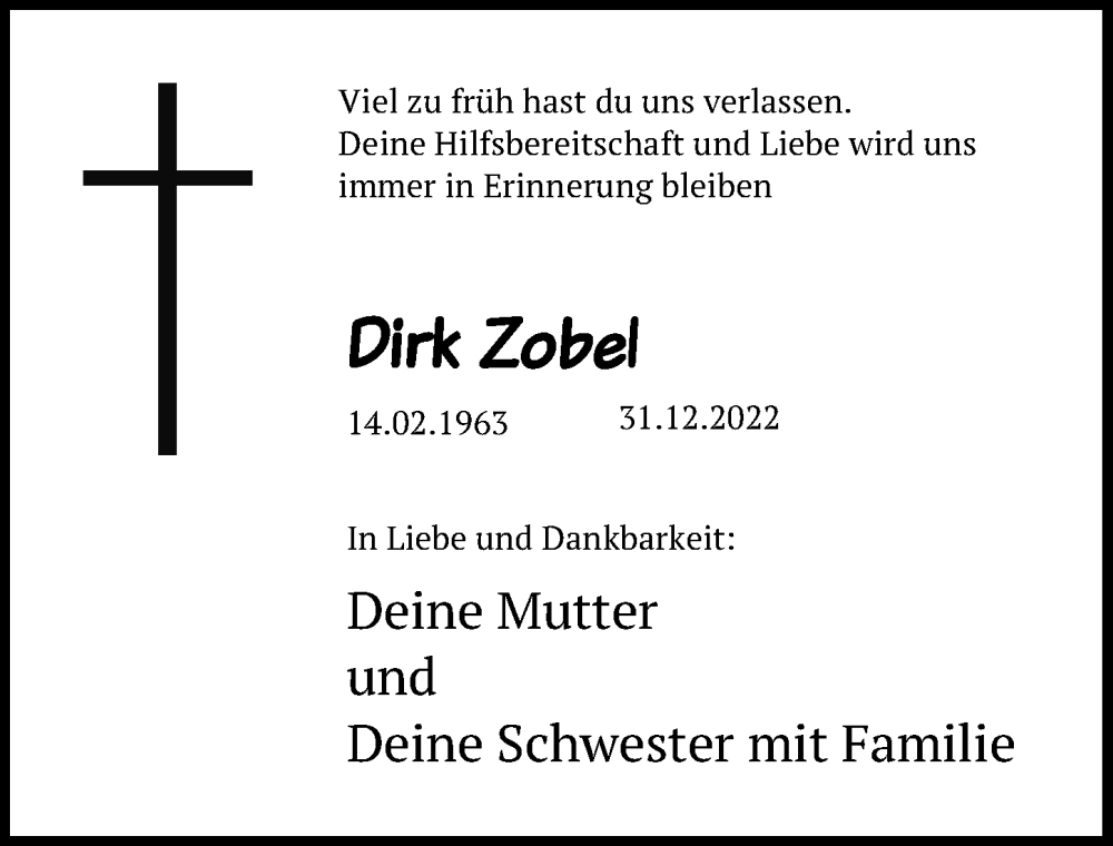  Traueranzeige für Dirk Zobel vom 04.02.2023 aus Märkischen Allgemeine Zeitung