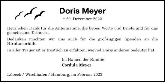 Traueranzeige von Doris Meyer von Lübecker Nachrichten