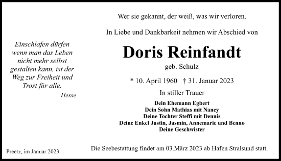 Traueranzeige von Doris Reinfandt von Ostsee-Zeitung GmbH