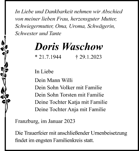 Traueranzeige von Doris Waschow von Ostsee-Zeitung GmbH