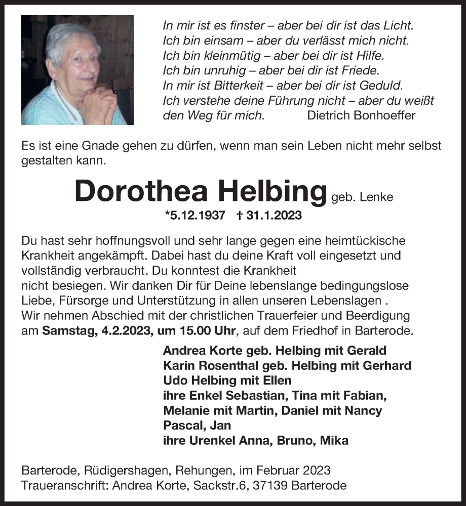  Traueranzeige für Dorothea Helbing vom 02.02.2023 aus Göttinger Tageblatt