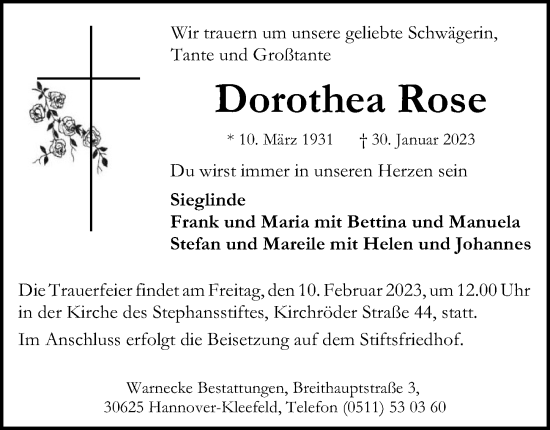 Traueranzeige von Dorothea Rose von Hannoversche Allgemeine Zeitung/Neue Presse