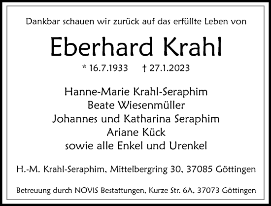 Traueranzeige von Eberhard Krahl von Göttinger Tageblatt