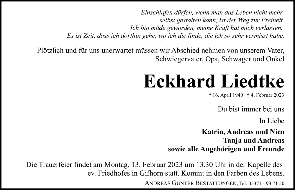  Traueranzeige für Eckhard Liedtke vom 08.02.2023 aus Aller Zeitung