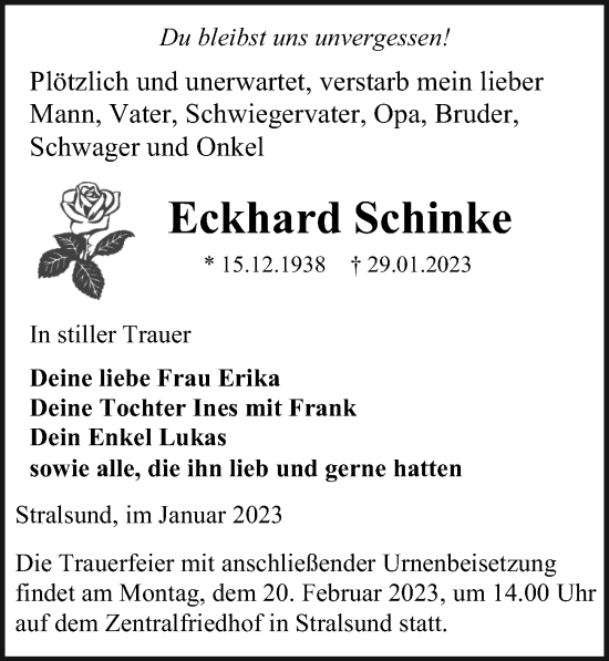 Traueranzeige von Eckhard Schinke von Ostsee-Zeitung GmbH