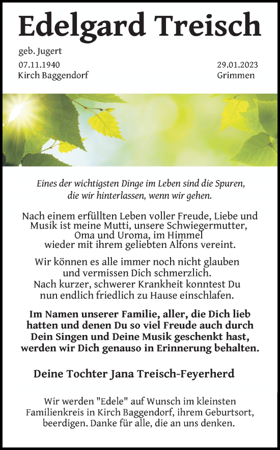 Traueranzeige von Edelgard Treisch von Ostsee-Zeitung GmbH