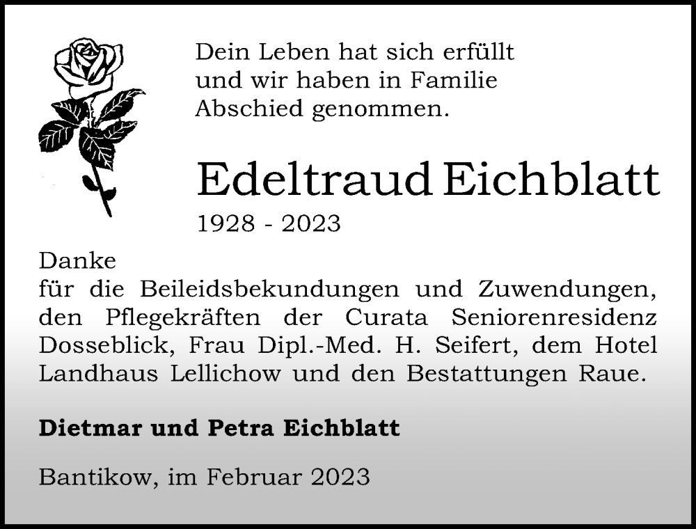  Traueranzeige für Edeltraud Eichblatt vom 11.02.2023 aus Märkischen Allgemeine Zeitung