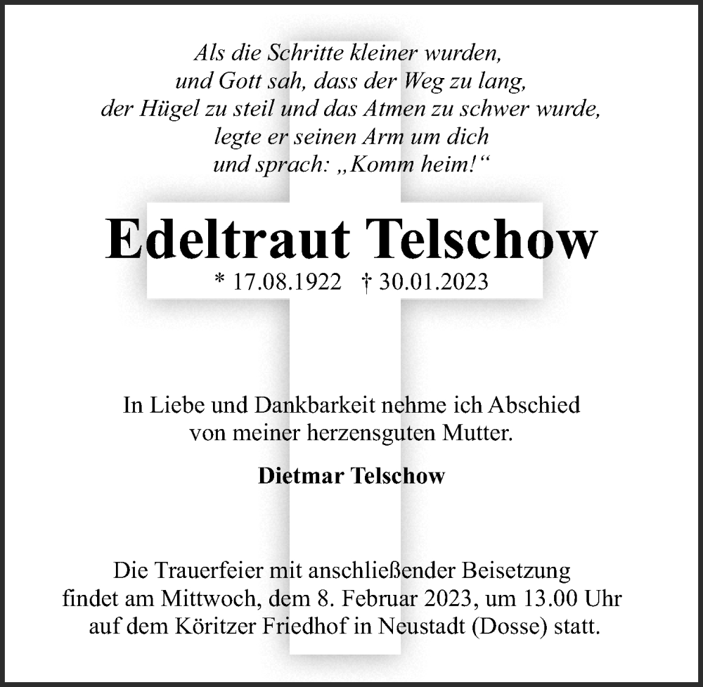  Traueranzeige für Edeltraut Telschow vom 07.02.2023 aus Märkischen Allgemeine Zeitung