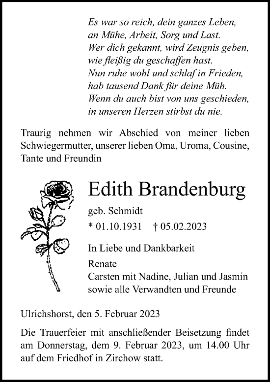 Traueranzeige von Edith Brandenburg von Ostsee-Zeitung GmbH