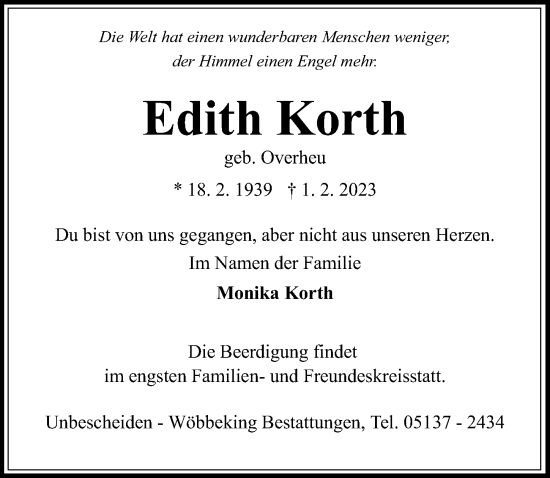 Traueranzeige von Edith Korth von Hannoversche Allgemeine Zeitung/Neue Presse