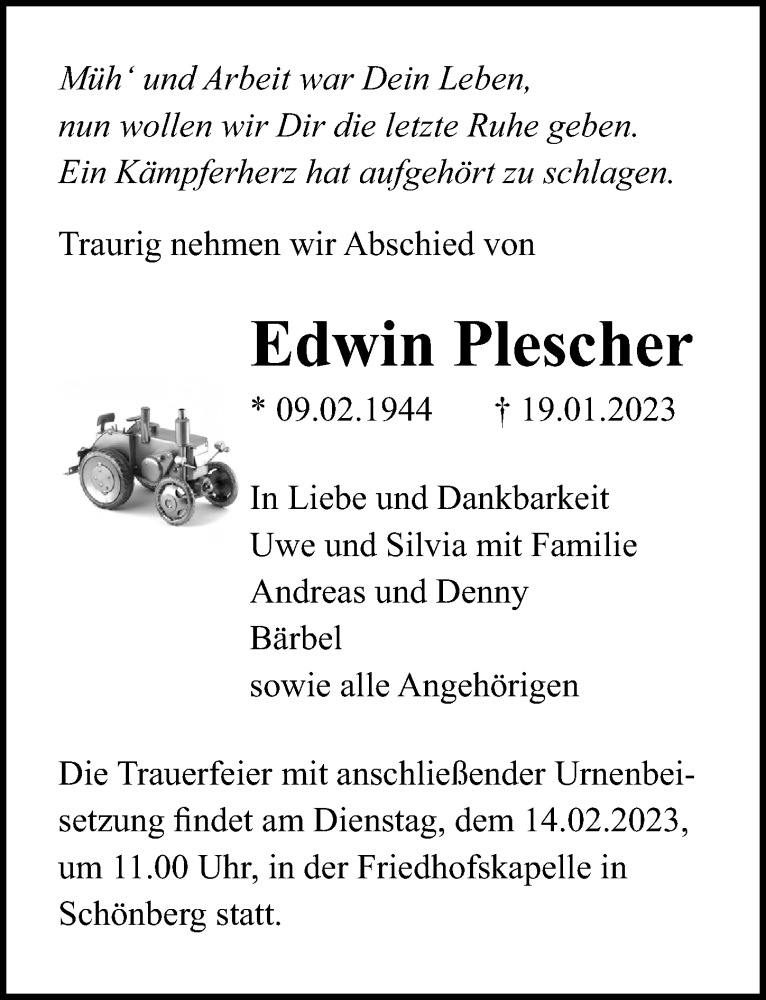  Traueranzeige für Edwin Plescher vom 07.02.2023 aus Ostsee-Zeitung GmbH