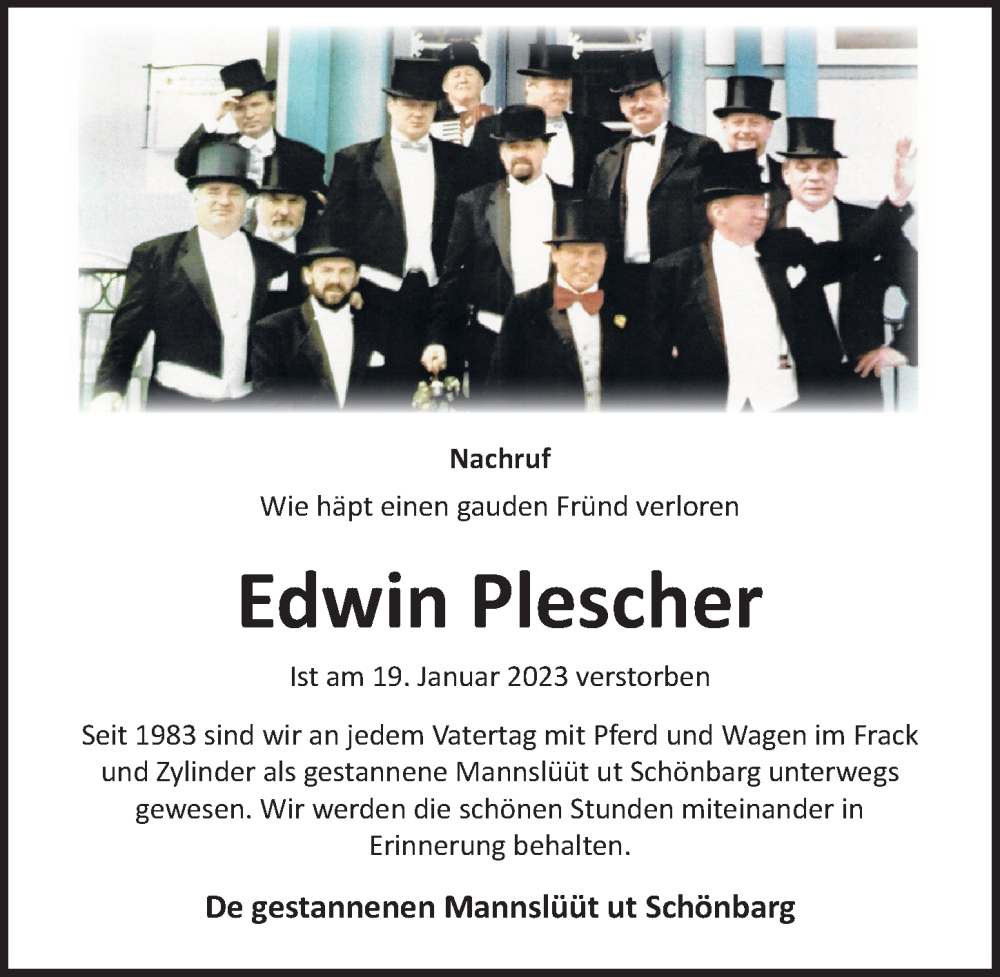  Traueranzeige für Edwin Plescher vom 18.02.2023 aus Ostsee-Zeitung GmbH