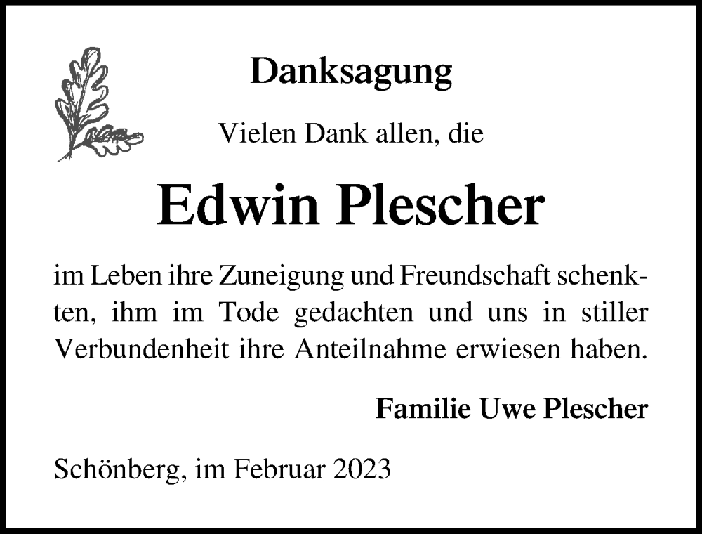  Traueranzeige für Edwin Plescher vom 25.02.2023 aus Ostsee-Zeitung GmbH