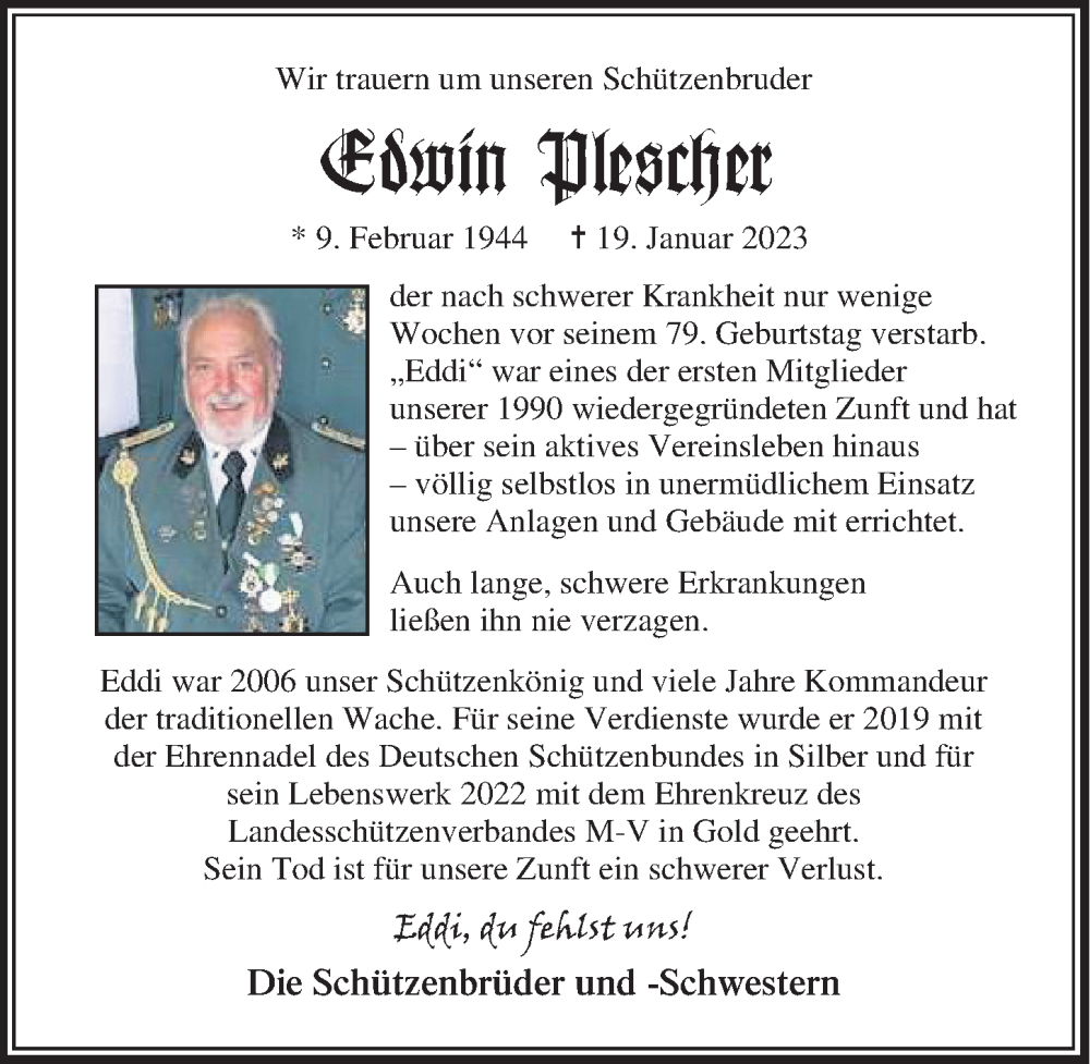  Traueranzeige für Edwin Plescher vom 18.02.2023 aus Ostsee-Zeitung GmbH