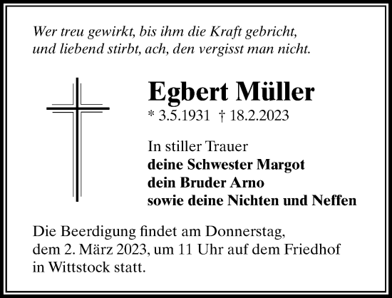 Traueranzeige von Egbert Müller von Märkischen Allgemeine Zeitung