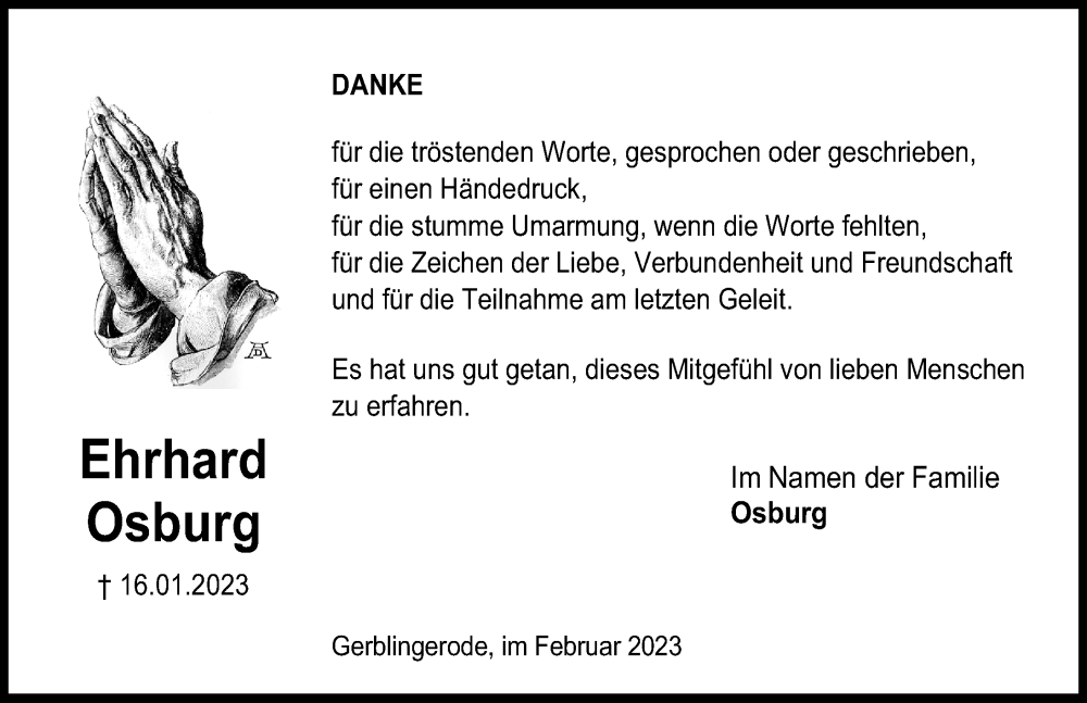  Traueranzeige für Ehrhard Osburg vom 04.02.2023 aus Eichsfelder Tageblatt
