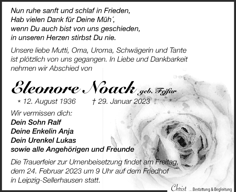  Traueranzeige für Eleonore Noack vom 04.02.2023 aus Leipziger Volkszeitung