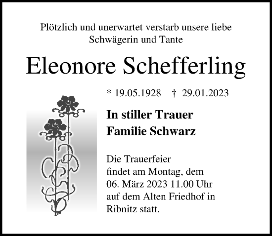 Traueranzeige von Eleonore Schefferling von Ostsee-Zeitung GmbH