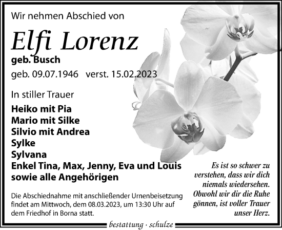 Traueranzeige von Elfi Lorenz von Leipziger Volkszeitung