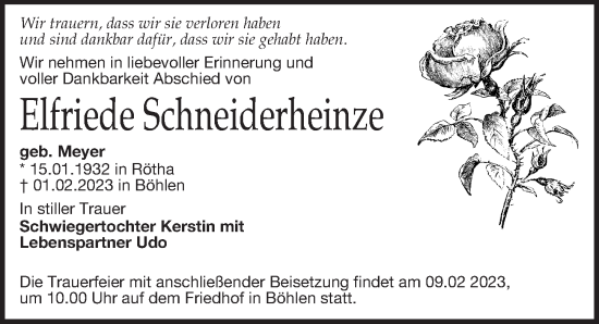 Traueranzeige von Elfriede Schneiderheinze von Leipziger Volkszeitung