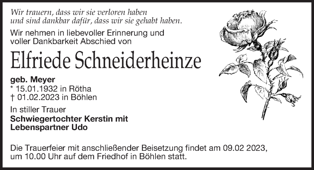  Traueranzeige für Elfriede Schneiderheinze vom 04.02.2023 aus Leipziger Volkszeitung
