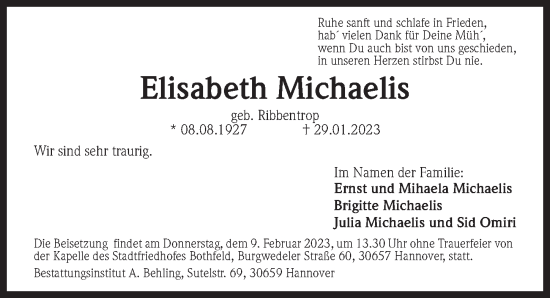 Traueranzeige von Elisabeth Michaelis von Hannoversche Allgemeine Zeitung/Neue Presse