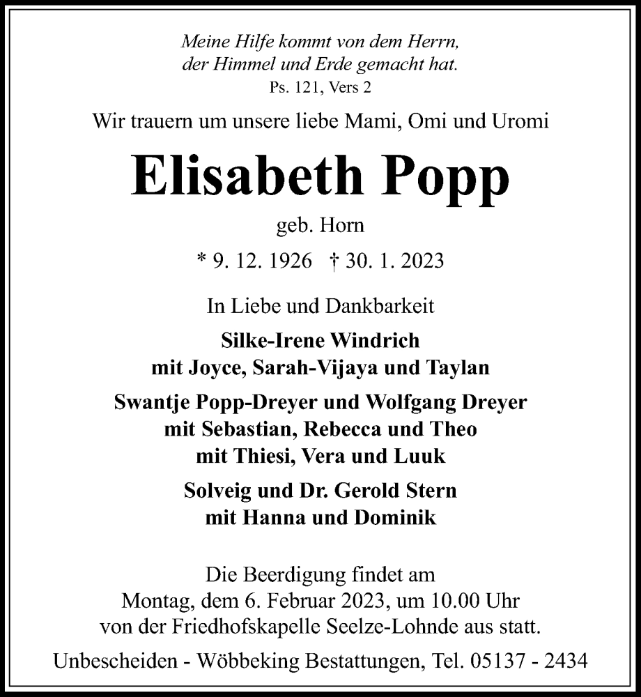  Traueranzeige für Elisabeth Popp vom 04.02.2023 aus Hannoversche Allgemeine Zeitung/Neue Presse