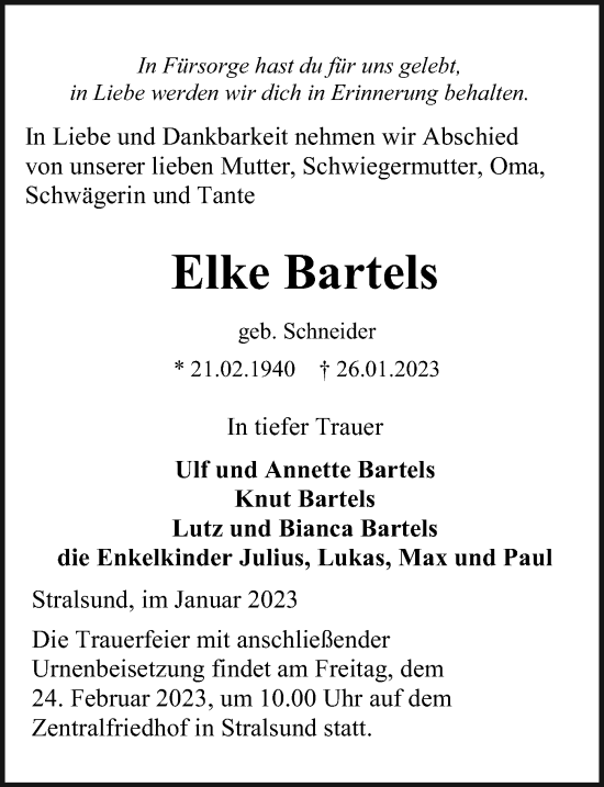 Traueranzeige von Elke Bartels von Ostsee-Zeitung GmbH