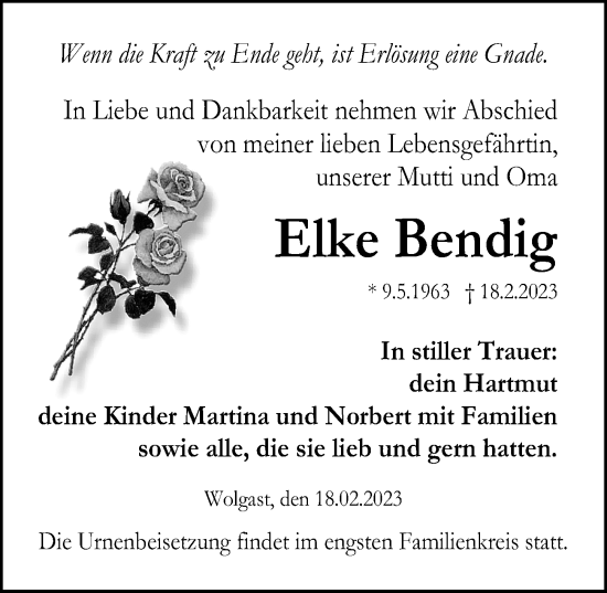 Traueranzeige von Elke Bendig von Ostsee-Zeitung GmbH