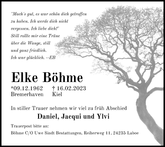 Traueranzeige von Elke Böhme von Kieler Nachrichten
