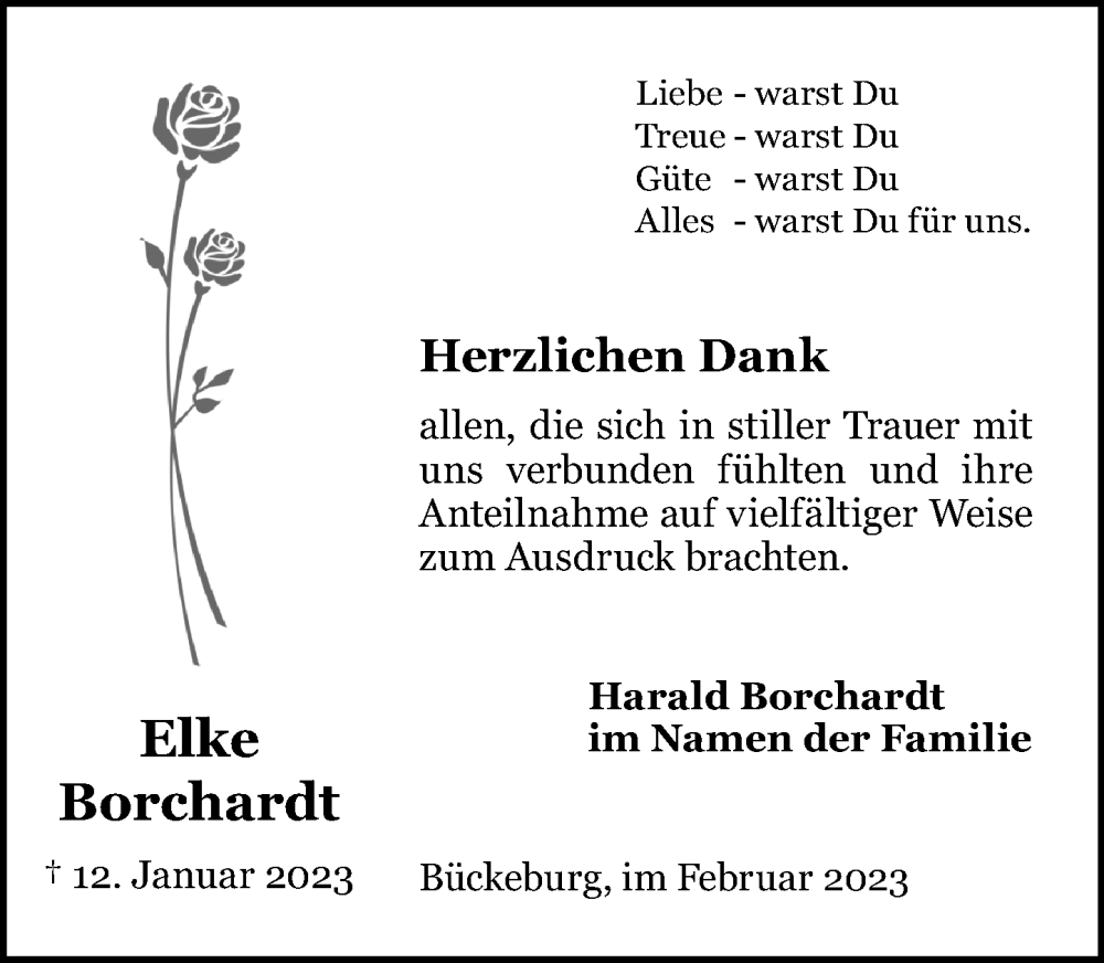  Traueranzeige für Elke Borchardt vom 04.02.2023 aus Schaumburger Nachrichten