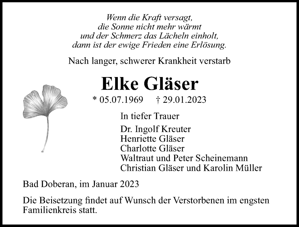 Traueranzeige für Elke Gläser vom 04.02.2023 aus Ostsee-Zeitung GmbH