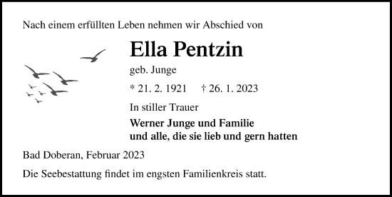 Traueranzeige von Ella Pentzin von Ostsee-Zeitung GmbH