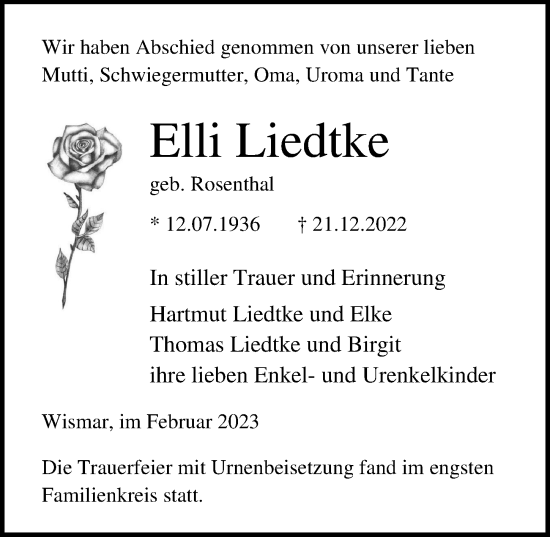 Traueranzeige von Elli Liedtke von Ostsee-Zeitung GmbH