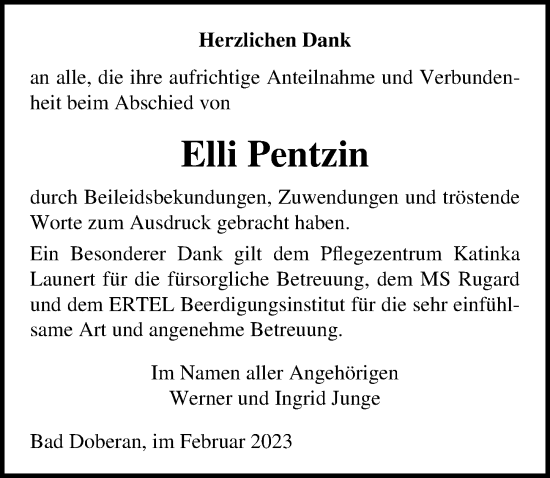 Traueranzeige von Elli Pentzin von Ostsee-Zeitung GmbH