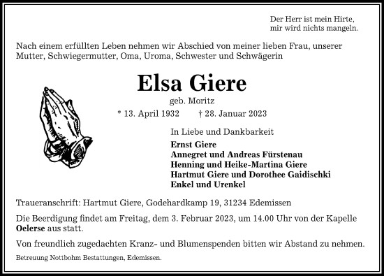 Traueranzeige von Elsa Giere von Peiner Allgemeine Zeitung