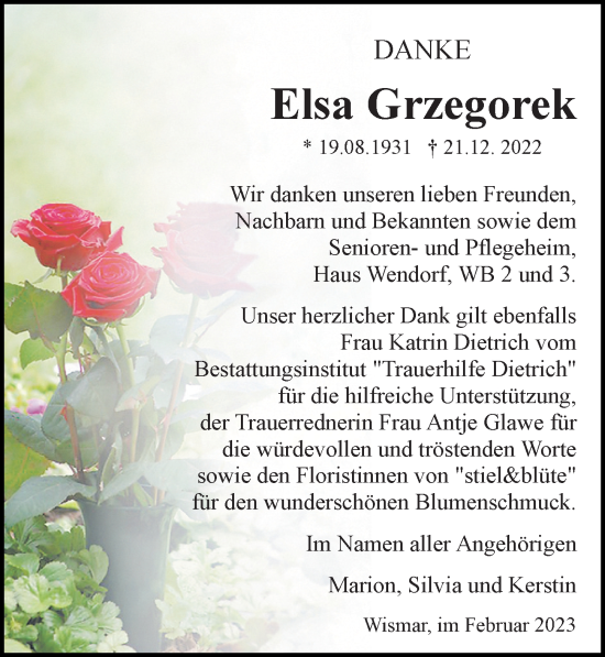 Traueranzeige von Elsa Grzegorek von Ostsee-Zeitung GmbH