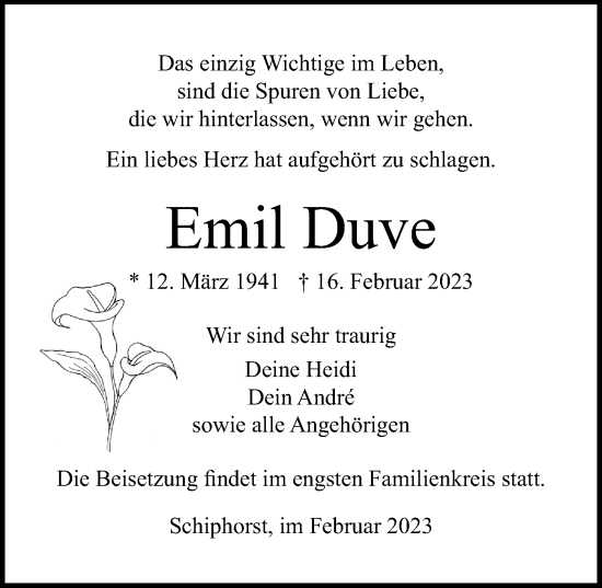 Traueranzeige von Emil Duve von Lübecker Nachrichten