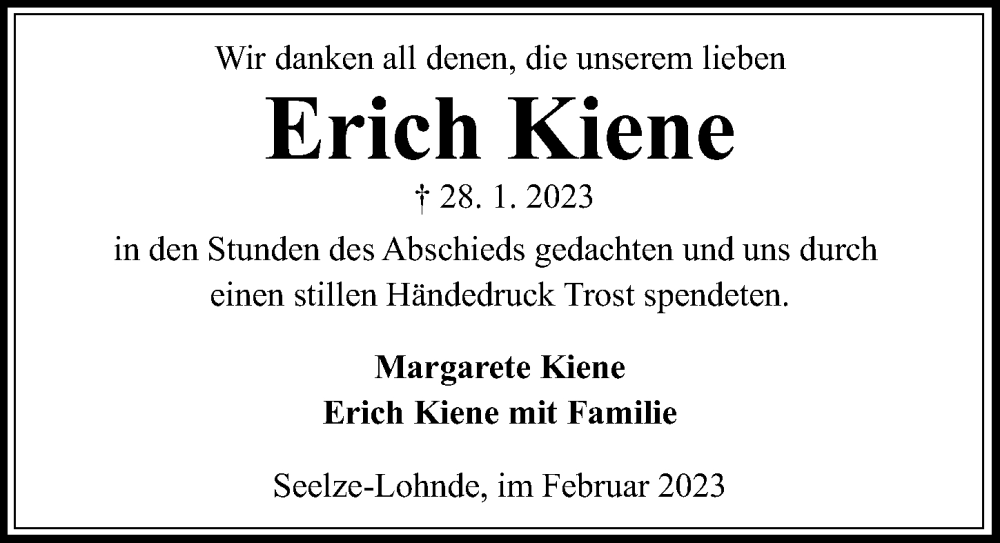  Traueranzeige für Erich Kiene vom 18.02.2023 aus Hannoversche Allgemeine Zeitung/Neue Presse
