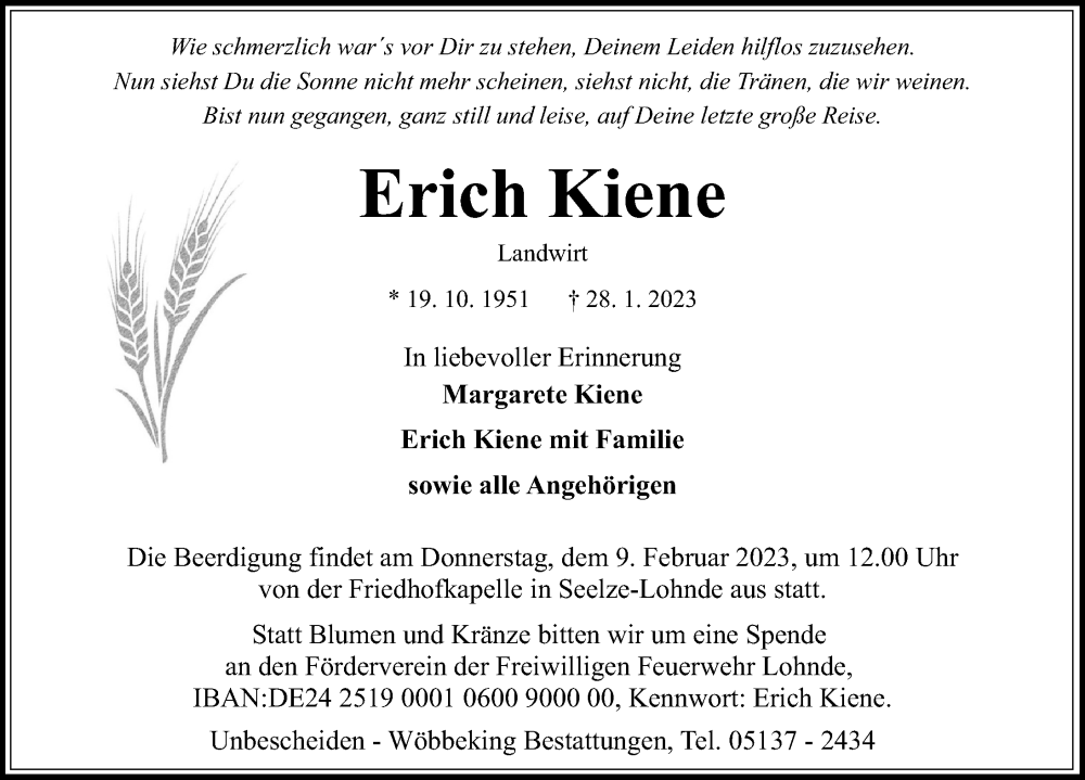  Traueranzeige für Erich Kiene vom 04.02.2023 aus Hannoversche Allgemeine Zeitung/Neue Presse
