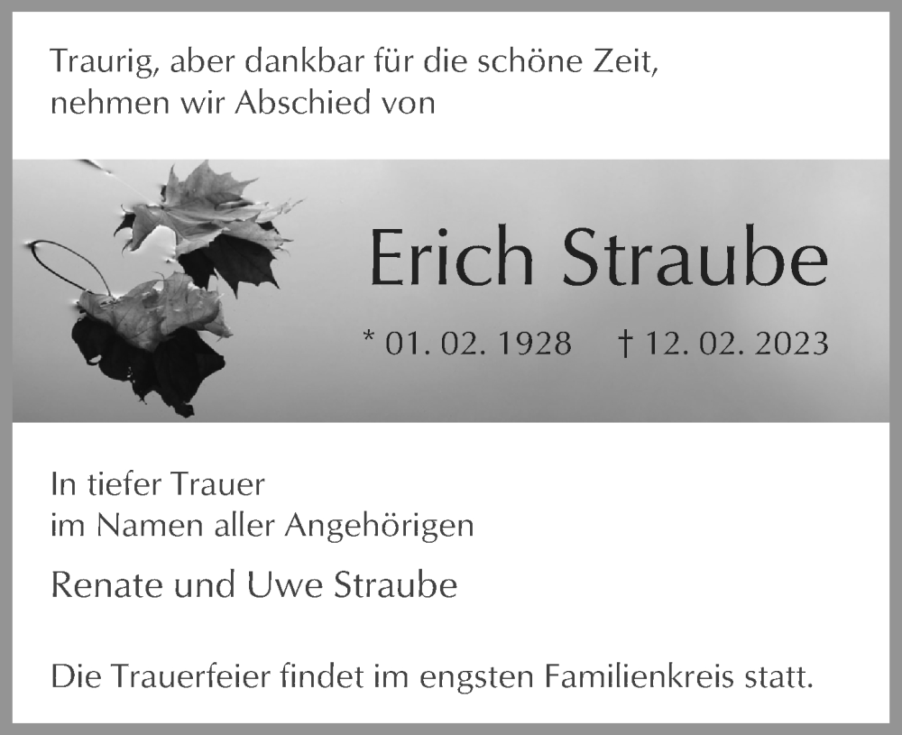  Traueranzeige für Erich Straube vom 18.02.2023 aus Märkischen Allgemeine Zeitung