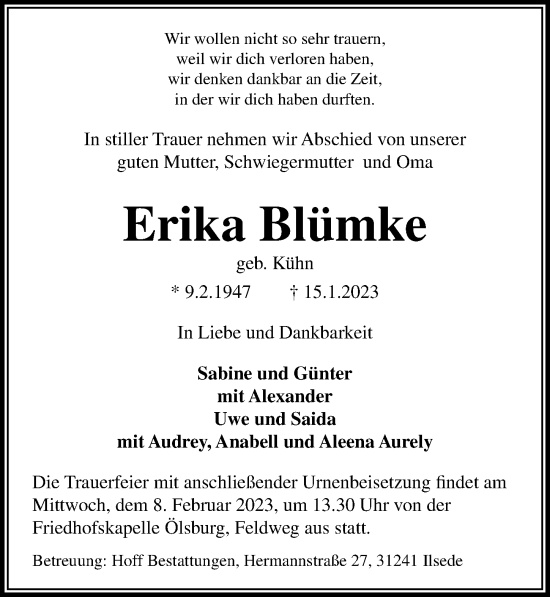 Traueranzeige von Erika Blümke von Peiner Allgemeine Zeitung