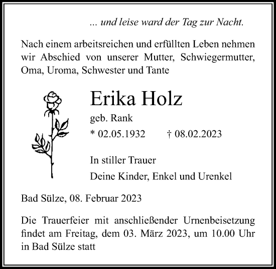Traueranzeige von Erika Holz von Ostsee-Zeitung GmbH