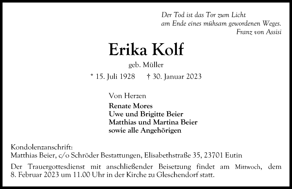  Traueranzeige für Erika Kolf vom 04.02.2023 aus Lübecker Nachrichten