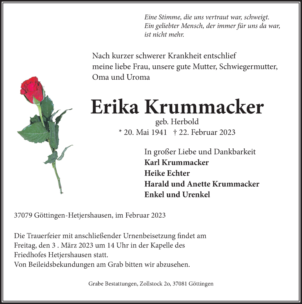  Traueranzeige für Erika Krummacker vom 25.02.2023 aus Göttinger Tageblatt