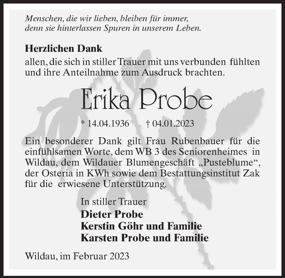  Traueranzeige für Erika Probe vom 18.02.2023 aus Märkischen Allgemeine Zeitung