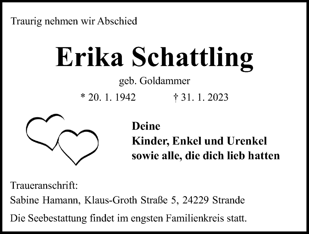  Traueranzeige für Erika Schattling vom 04.02.2023 aus Kieler Nachrichten