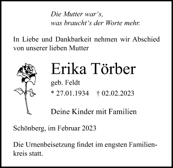 Traueranzeige von Erika Törber von Ostsee-Zeitung GmbH