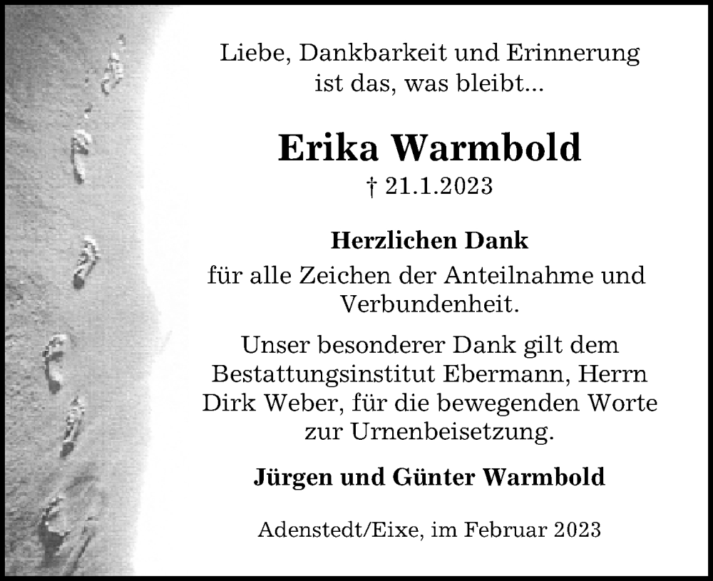  Traueranzeige für Erika Warmbold vom 25.02.2023 aus Peiner Allgemeine Zeitung